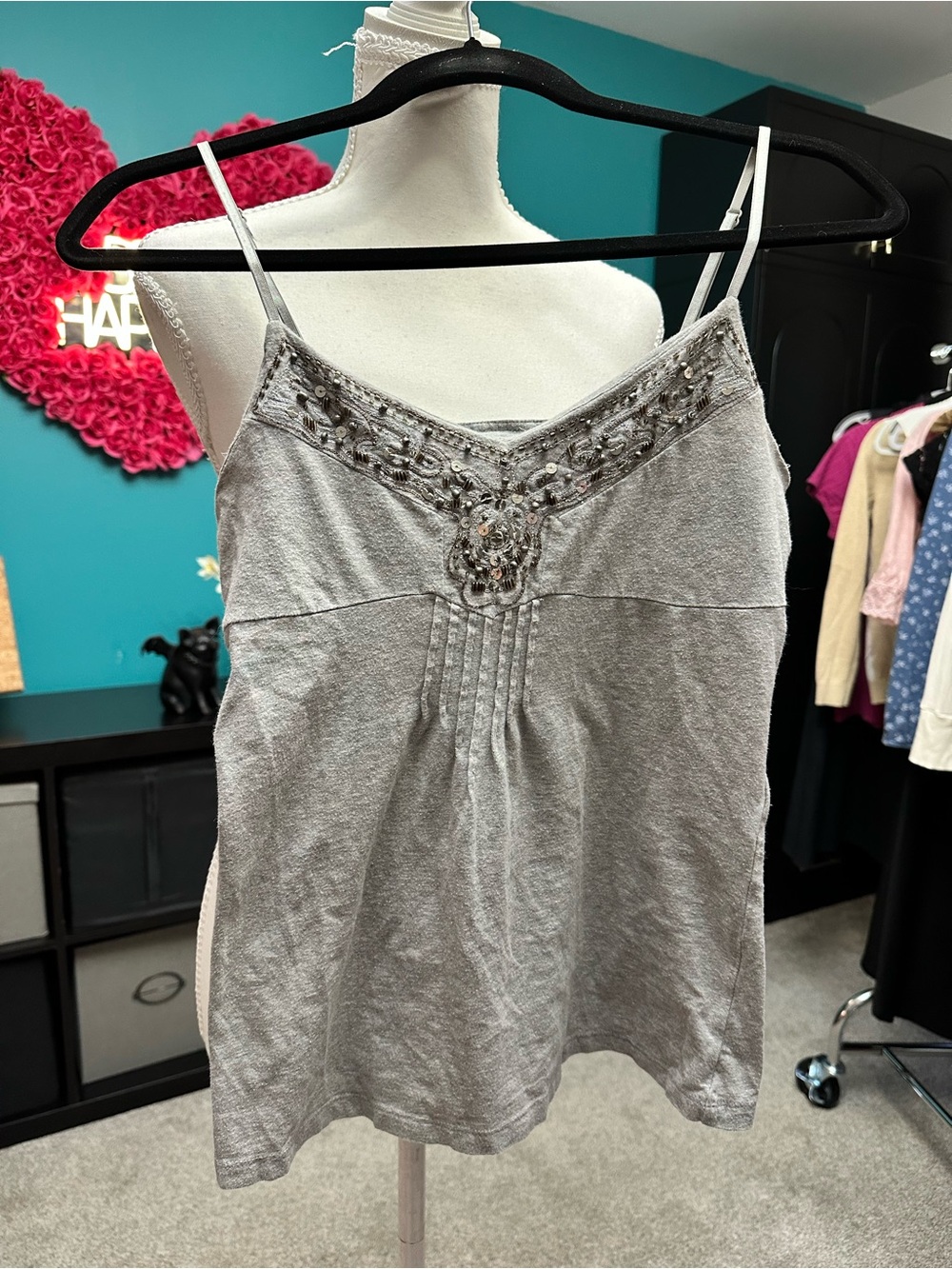 Silver-Gray Beaded Cami Tank